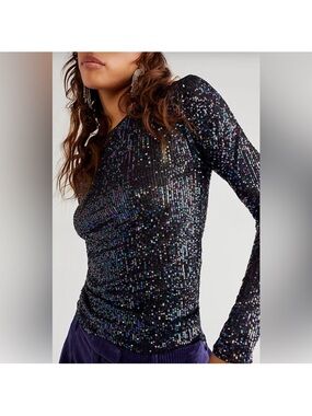 Free People Gold Rush Sequin Festival Top Long Sleeve Black Purple Size Medium